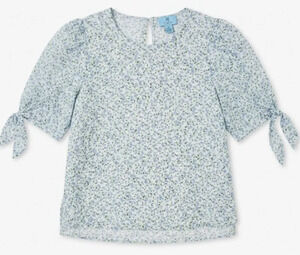 CeCe Floral Blouse Women's Blue White Tie Puff Sleeve M 8-12